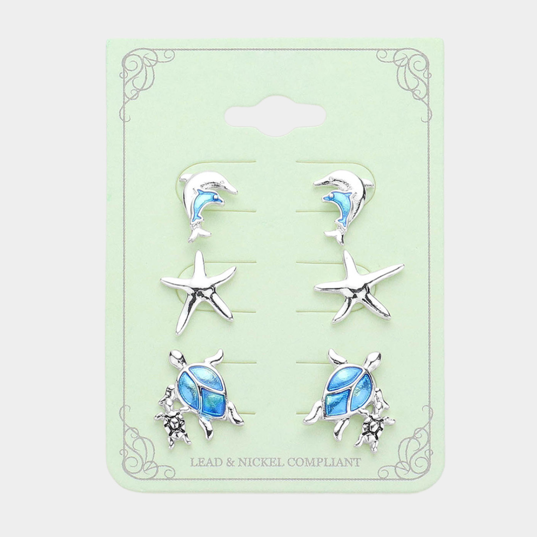 Set of 3 Pairs of Marine Life Earring Studs