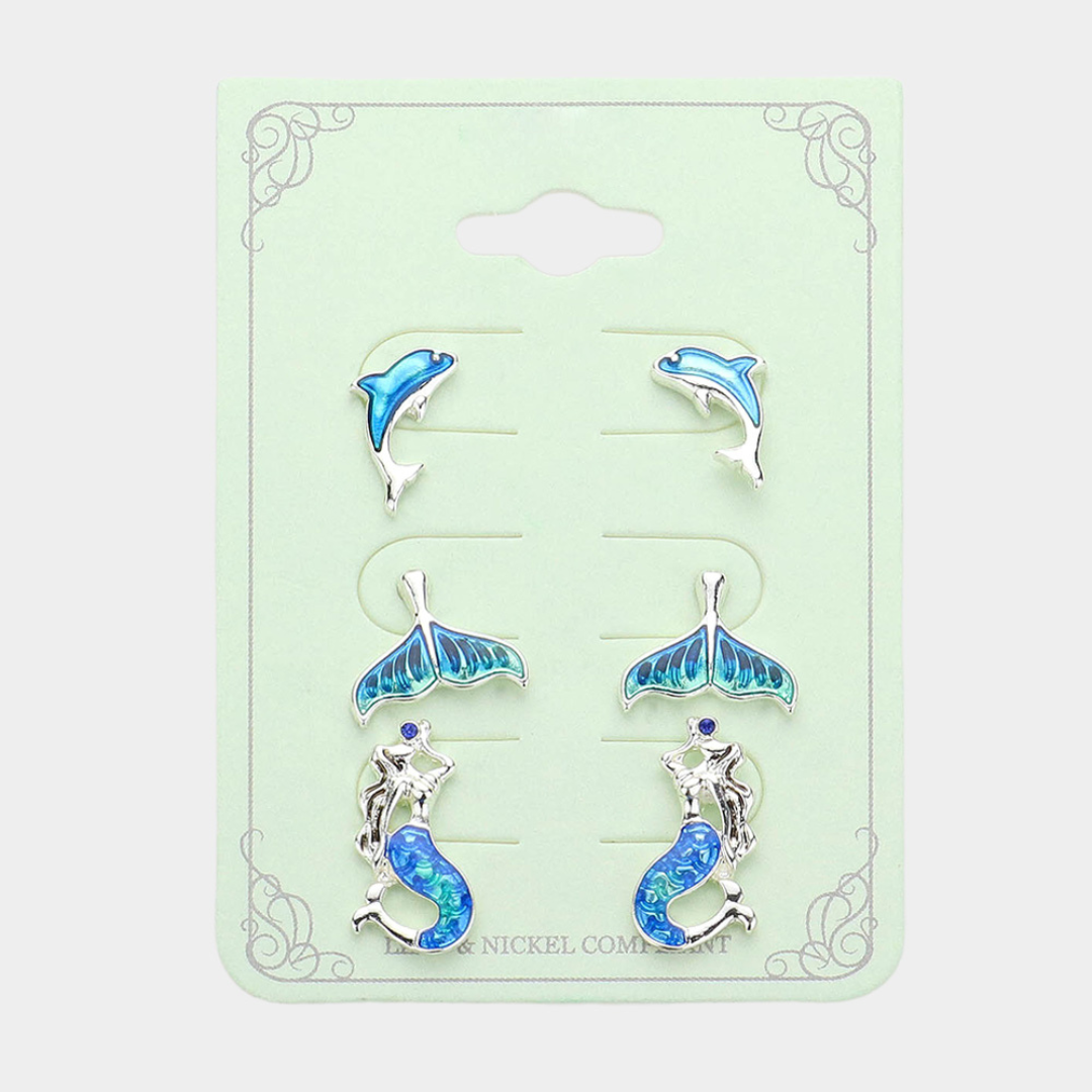 Set of 3 Pairs of Marine Life Earring Studs