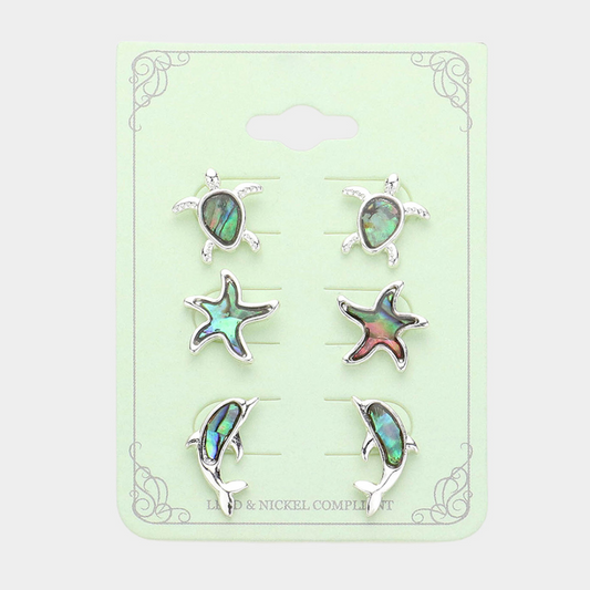 Set of 3 Pairs of Marine Life Earring Studs